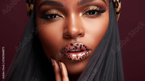 Close-up of a beautiful African American model's face, leopard print on a dark background, slow motion