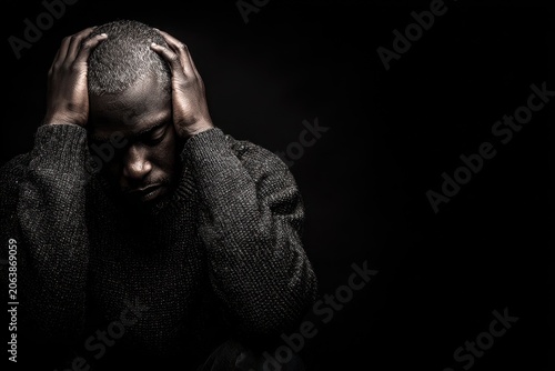 Solitary portrait of a man of African descent with hands on his head against a dark background, conveying sadness and worry
