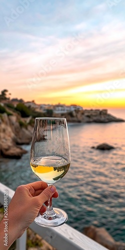 A hand elegantly holding a glass of crisp white wine during a stunning sunset over rocky coastline