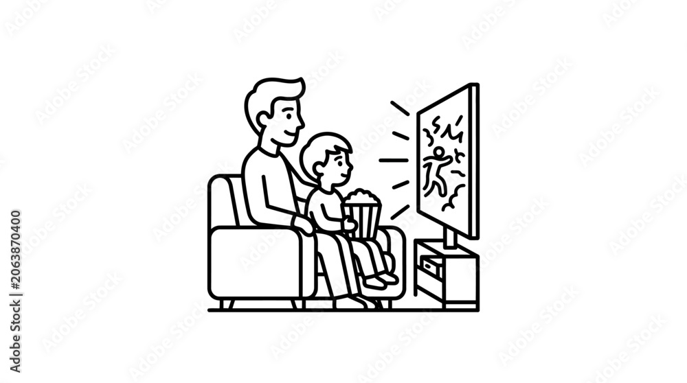 Fototapeta premium A father and his young son sitting on a couch watching television together.