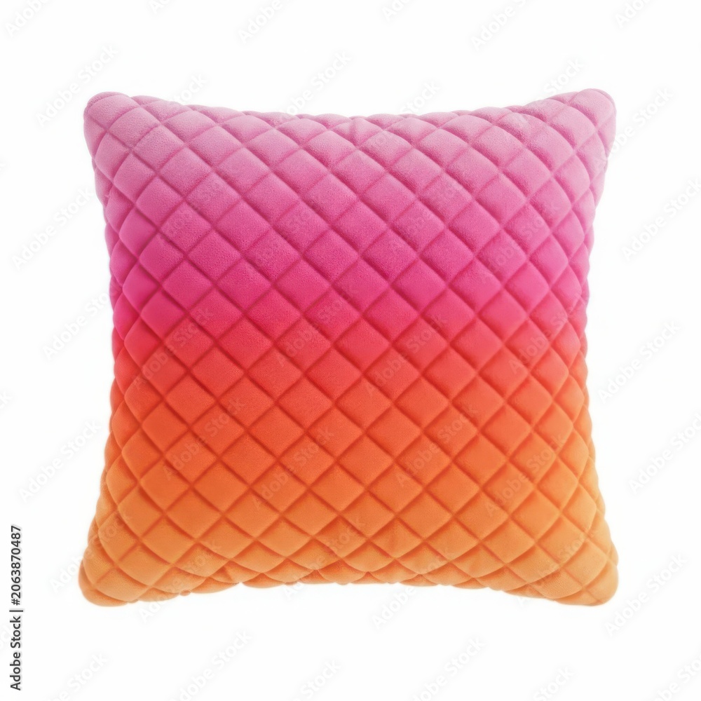 Fototapeta premium Square quilted throw pillow with a pink and orange gradient pattern isolated on white background