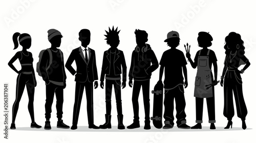 Group of Diverse People Standing Together in Silhouette Representing Various Occupations and Lifestyles in a Modern Society Concept Illustration