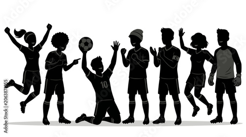 Silhouettes of soccer players celebrating a goal victory with diverse gestures and sports equipment