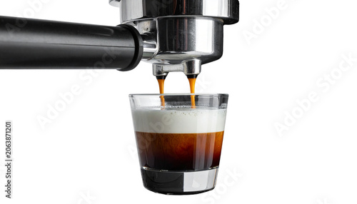 coffee being poured into a glass from a coffee maker, isolated on transparent background