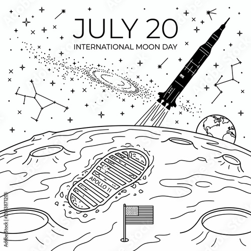 Commemorative vector illustration for International Moon Day on July 20, featuring a historic lunar landing footprint, an iconic rocket launch, and the majestic cosmos