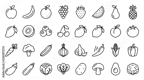 Fresh fruits and vegetables line icon set featuring apple banana carrot broccoli pepper potato mushroom and healthy organic food elements