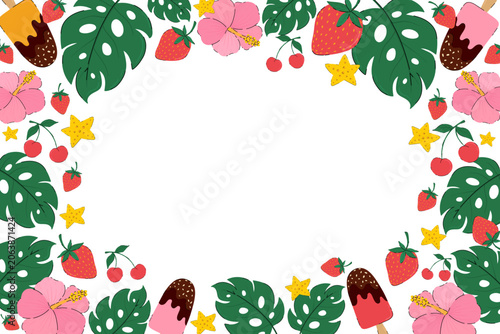 Summer tropical floral vector frame background. Beach border with monstera leaves, hibiscus flowers, fruits and summer elements.