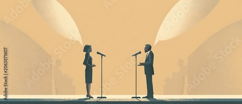 Two silhouetted figures, a man and a woman, stand at microphones on a stage under spotlights, representing a debate or public speaking event.