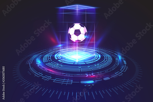 Advanced sports technology concept featuring a floating soccer ball inside a holographic cube above a futuristic digital HUD platform. Blue neon interface elements, artificial intelligence analytics, 
