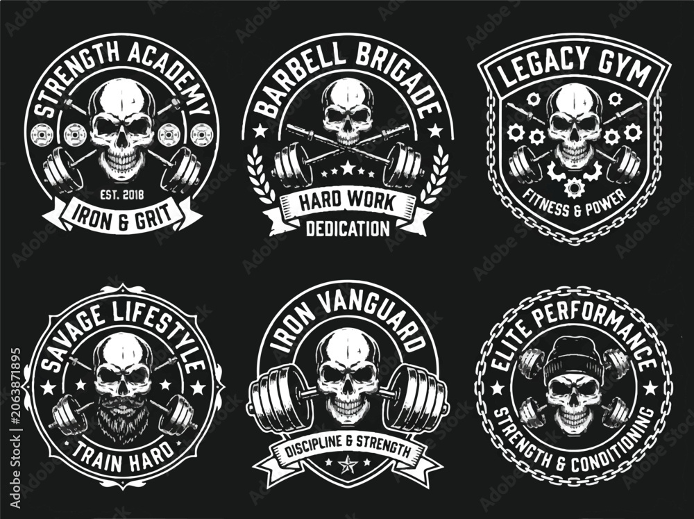 Fototapeta premium Gym skulls with dumbbells logos.