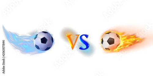Cuadro en lienzo Creative football battle concept featuring a cold blue energy soccer ball versus a blazing fire soccer ball with glowing VS symbol on a black background