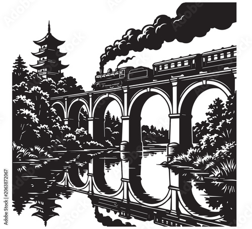 Vintage steam train on a grand arched bridge, reflected in calm water, with an ancient Asian pagoda and trees in background. A peaceful historic journey