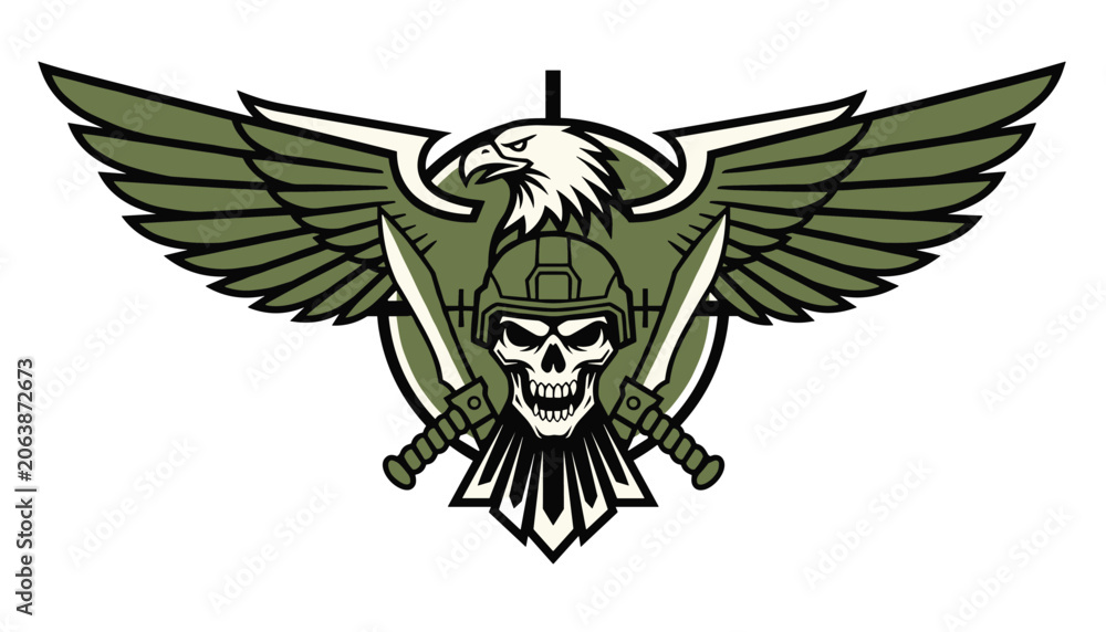 Fototapeta premium Military style emblem design featuring a skull wearing a combat helmet with crossed daggers and a green eagle.