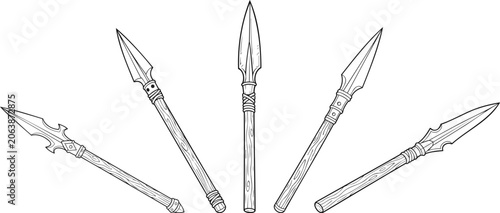 Cartoon metal sharp warrior spear with wooden handle coloring illustration