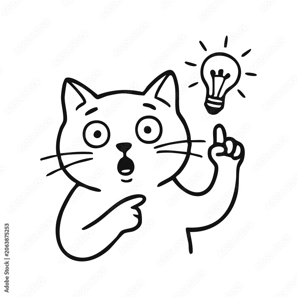 Fototapeta premium Cute Surprised Cat Pointing to Lightbulb Idea Line Art Icon for Creative Presentation and Kids Coloring Page