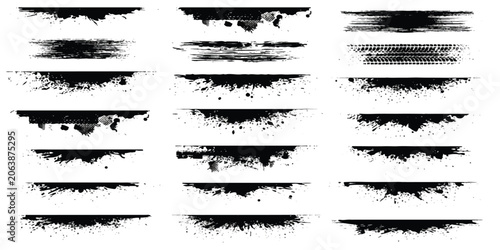 Set of black grunge brush strokes and tire tracks design elements for creative graphic projects