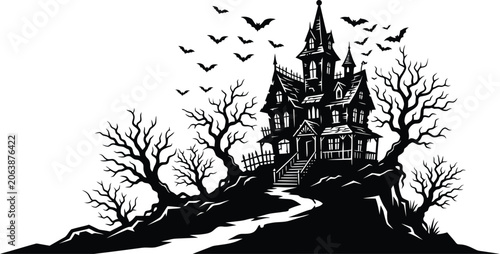 Canvas Print Black silhouette of a spooky haunted house with bats and trees on a hill isolate