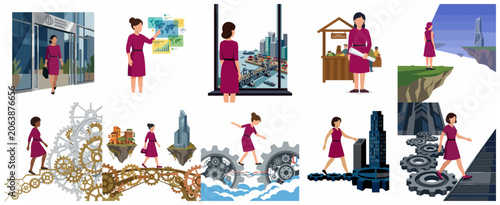 Canvastavla Collection of business illustrations featuring a woman professional navigating g