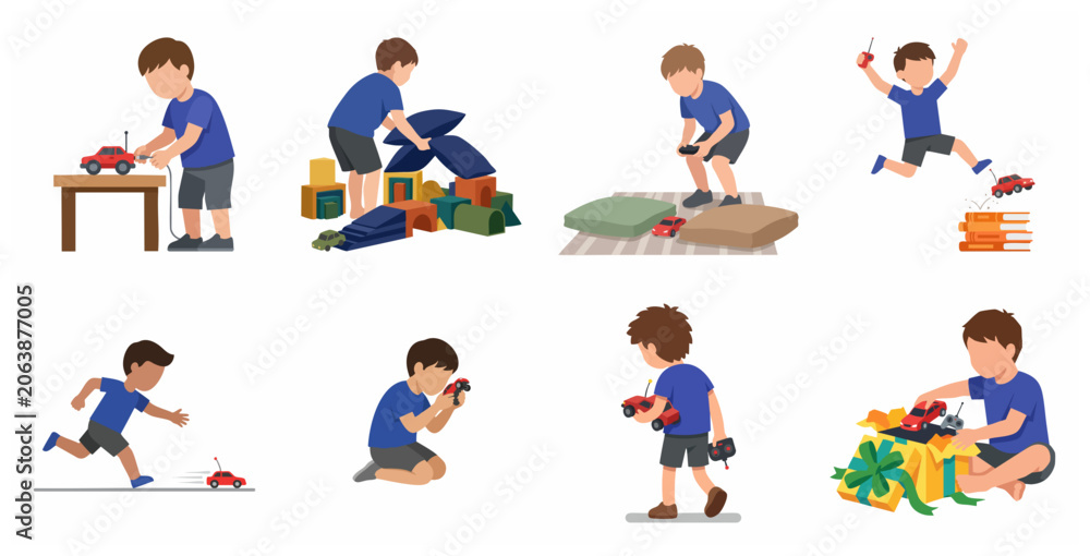 Fototapeta premium Set of flat vector illustrations depicting a boy playing with a remote control car, building obstacles, racing, and opening a gift box.