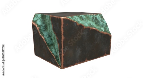 Abstract decorative block with dark metal and green malachite texture.