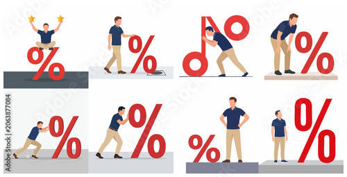 Quadro su tela Collection of business man characters interacting with large percentage sign, symbolizing interest rates, debt, discounts, and financial management concepts