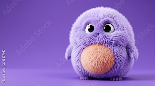Fluffy purple creature with orange belly on solid purple floor