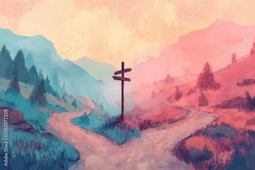 Two-Way Crossroads: A Surreal Landscape with a Split Road and Signpost Arrows
