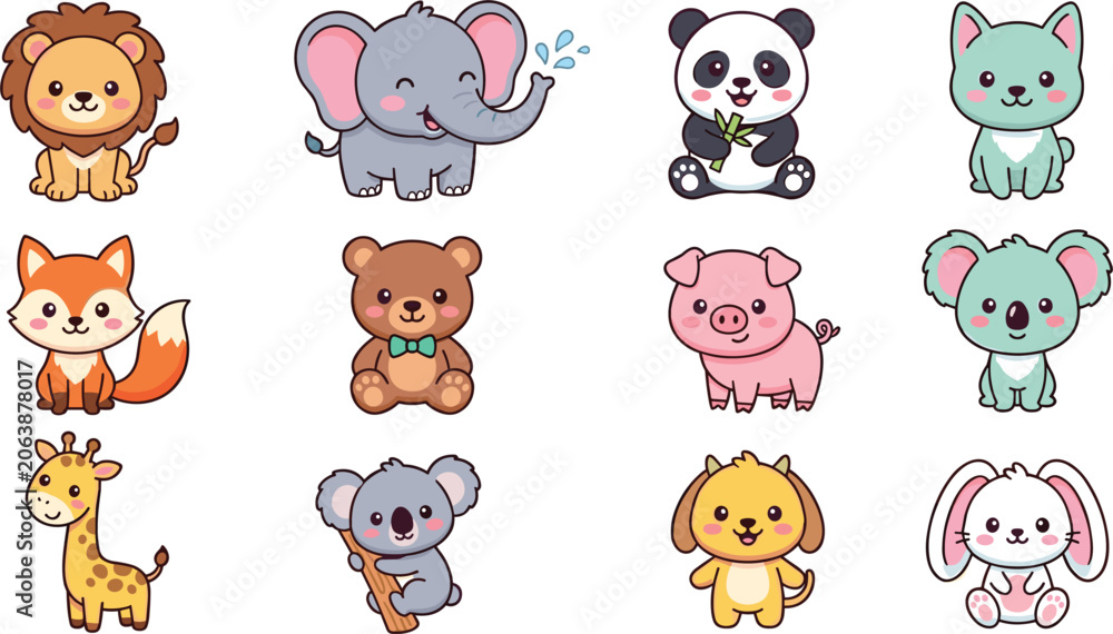 Fototapeta premium Cute Kawaii Baby Animals Vector Character Set Featuring Lion, Elephant, Panda, Fox, Bear, Pig, Koala, Giraffe, Dog, and Rabbit Illustrations