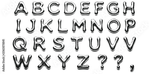 Set of shiny silver chrome metallic alphabet letters and punctuation signs in a bold bubble style