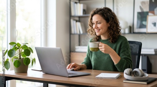 Smiling woman working on laptop computer at home office desk, drinking coffee, enjoying remote work lifestyle with houseplant and bookshelf background.