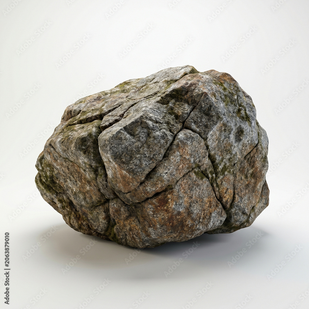Obraz premium Single weathered granite boulder featuring deep natural cracks and patches of green moss isolated against a clean white studio background captured in high resolution detail