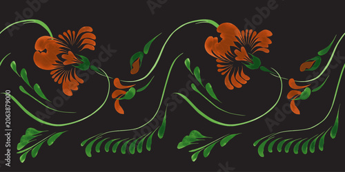 Vector floral border seamless pattern from marigold flowers on a black background