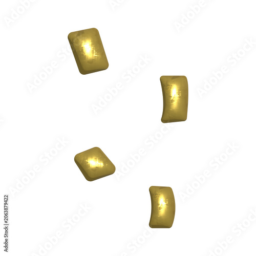 Scattered 3D shiny gold bars, floating metallic ingots and wealth finance concept, isolated minimalist illustration
