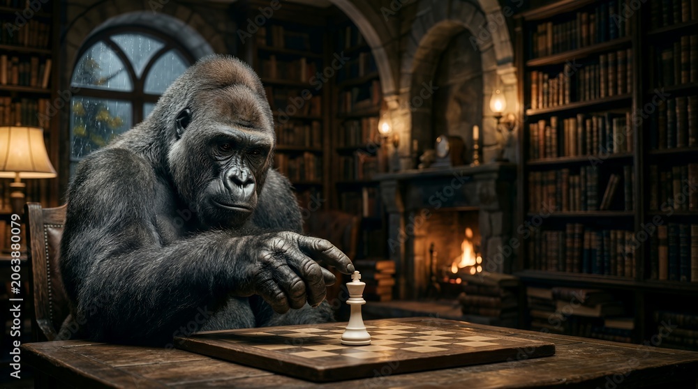 Fototapeta premium Thoughtful Gorilla Strategizing a Chess Move in an Atmospheric Library
