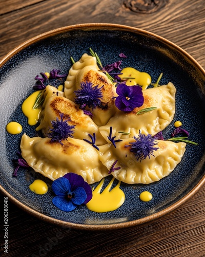 Creative dessert with Ukrainian elements and flowers on plate