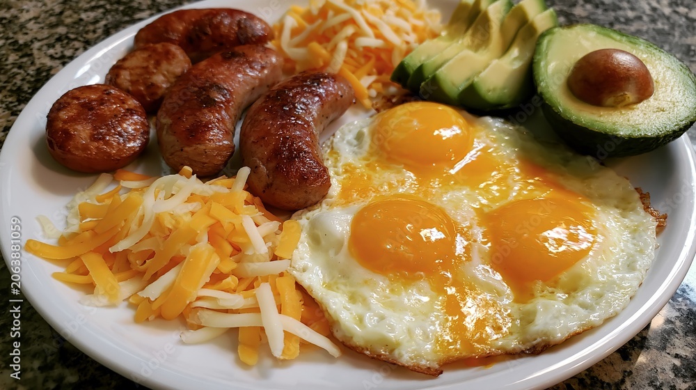 Fototapeta premium Eggs, sausages, cheese, and avocado were prepared for a tasty morning meal.