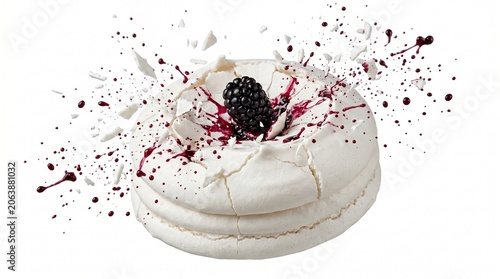 High-speed action shot of a blackberry falling on a crisp pavlova dessert with erupting juice droplets and sugary shards.

