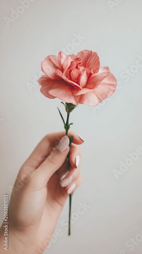 Hand holding a delicate pink flower against a clean background