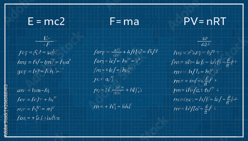 Obraz na plátně A blueprint-style background displaying fundamental physics equations including E=mc2, F=ma, and PV=nRT with derivations