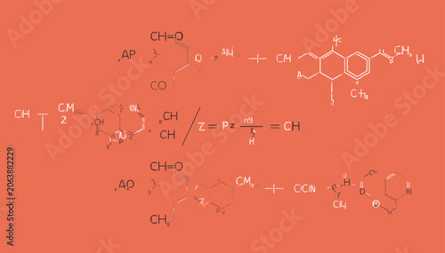 Εκτύπωση καμβά Complex chemical reaction diagrams and molecular structures displayed on a plain orange background, illustrating organic chemistry principles