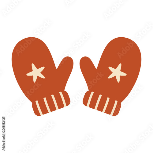 Vector illustration of a pair of orange mittens with white stars and ribbed cuffs on a white background
