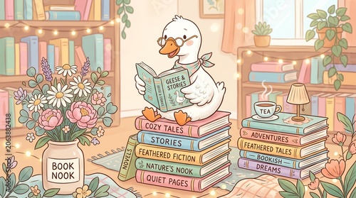Cute goose reading a book, cozy library scene with stack of books, bookish aesthetic art