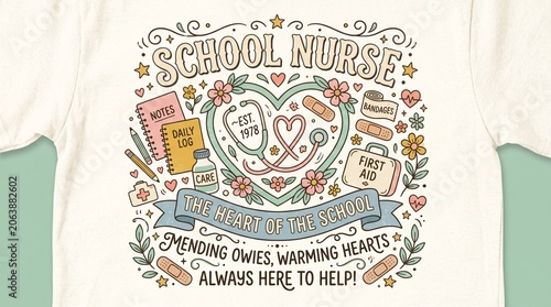 School Nurse heart design with medical supplies, stethoscope and bandage, school staff appreciation