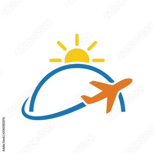 Vector illustration of airplane flying around globe under sunny sky, symbolizing travel and adventure.