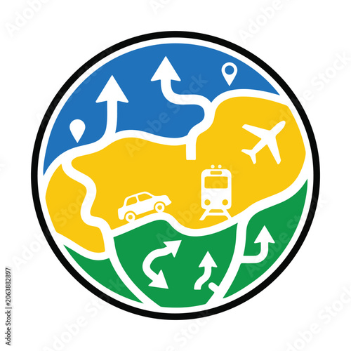 Vector illustration of a globe with transportation icons and arrows, symbolizing travel and navigation.