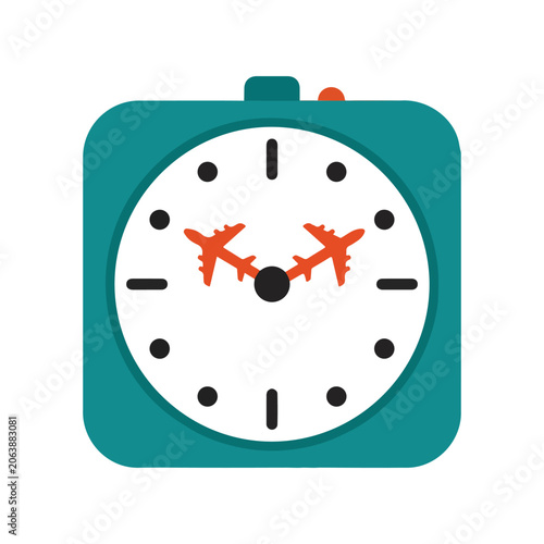 Vector illustration of a teal alarm clock with airplanes on the face, symbolizing travel and flight schedules.