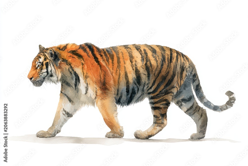 Fototapeta premium Watercolor Tiger in Profile: Walking with Grace on White Background