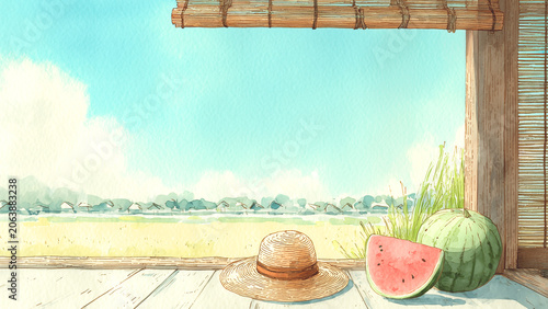 日本の夏の風物詩である縁側のスイカと麦わら帽子を描いた爽やかな水彩風背景イラスト