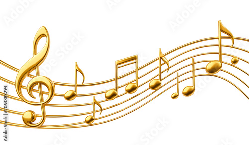 Golden Musical Notes Staff Isolated on White Background, Music Melody Symbol Illustration