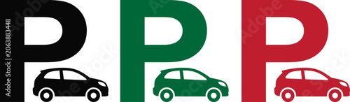 Obraz na płótnie Colorful parking sign collection in black green and red with large p letter and car silhouette for traffic regulations and designated parking zones